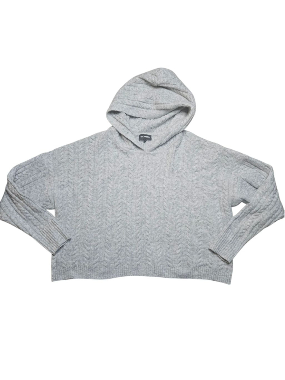 Express Medium Grey Cable Knit Cropped Hoodie Sweater - Picture 2 of 7